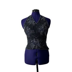 Emma Black Dark Blue Beaded Sequins Floral Silk Halter Top